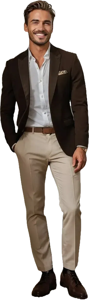 Invitado con americana marrón, camisa blanca y pantalón beige