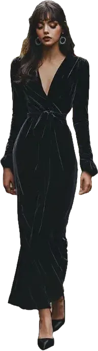 Invitada con vestido largo de terciopelo negro